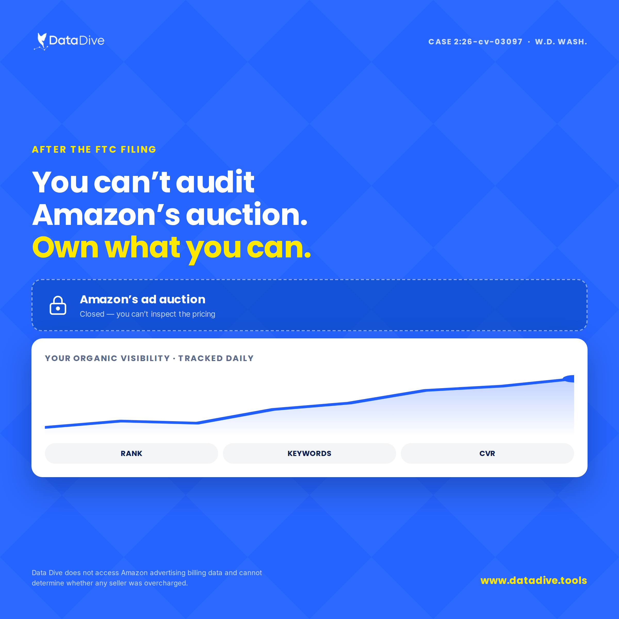 You cannot audit Amazon ad auction pricing, but you can own organic rank, keyword landscape and conversion rate with Data Dive.