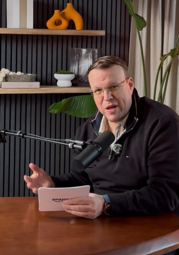 Data Dive CEO Brandon Young recording an interview in the Amazon studio at Amazon Accelerate 2026